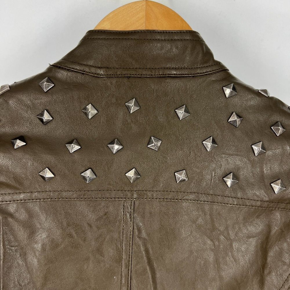 SANS SOUCI Brown Faux Leather Studded Moto Jacket Size S‎ Crop Long Sleeve Zip - Picture 4 of 12